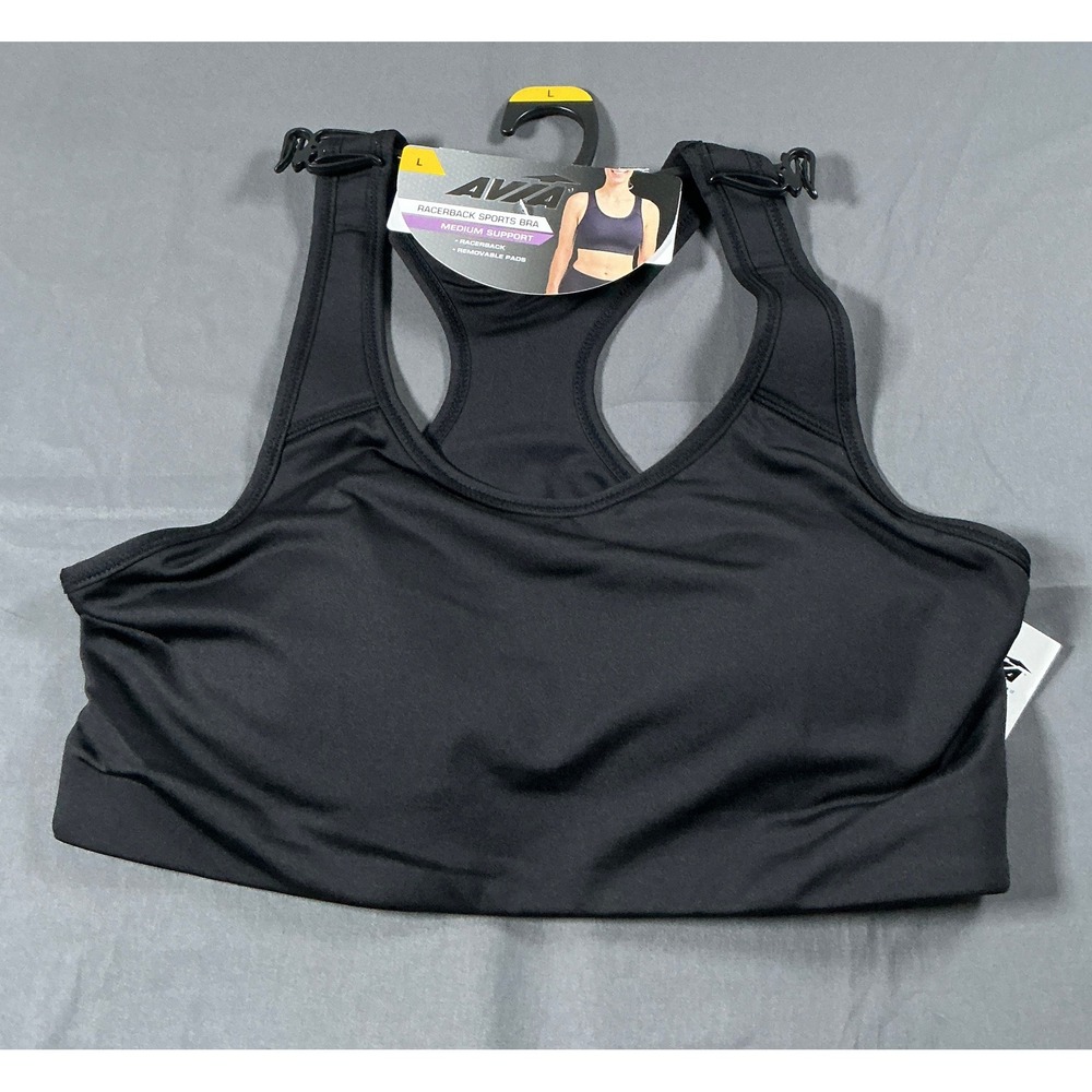 Avia Womens Racerback Sports Bra Black Medium Support Removable Pads NWT Large‎